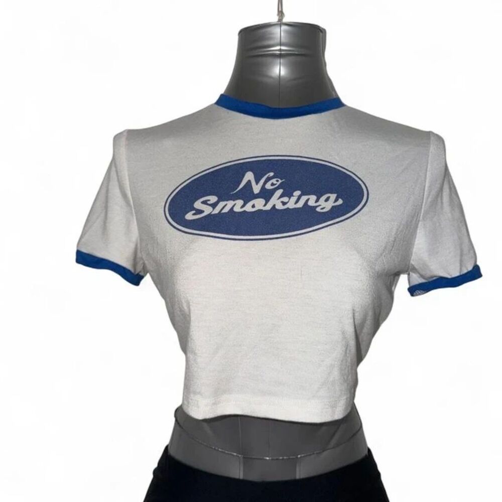 No Smoking white & blue cropped baby tee